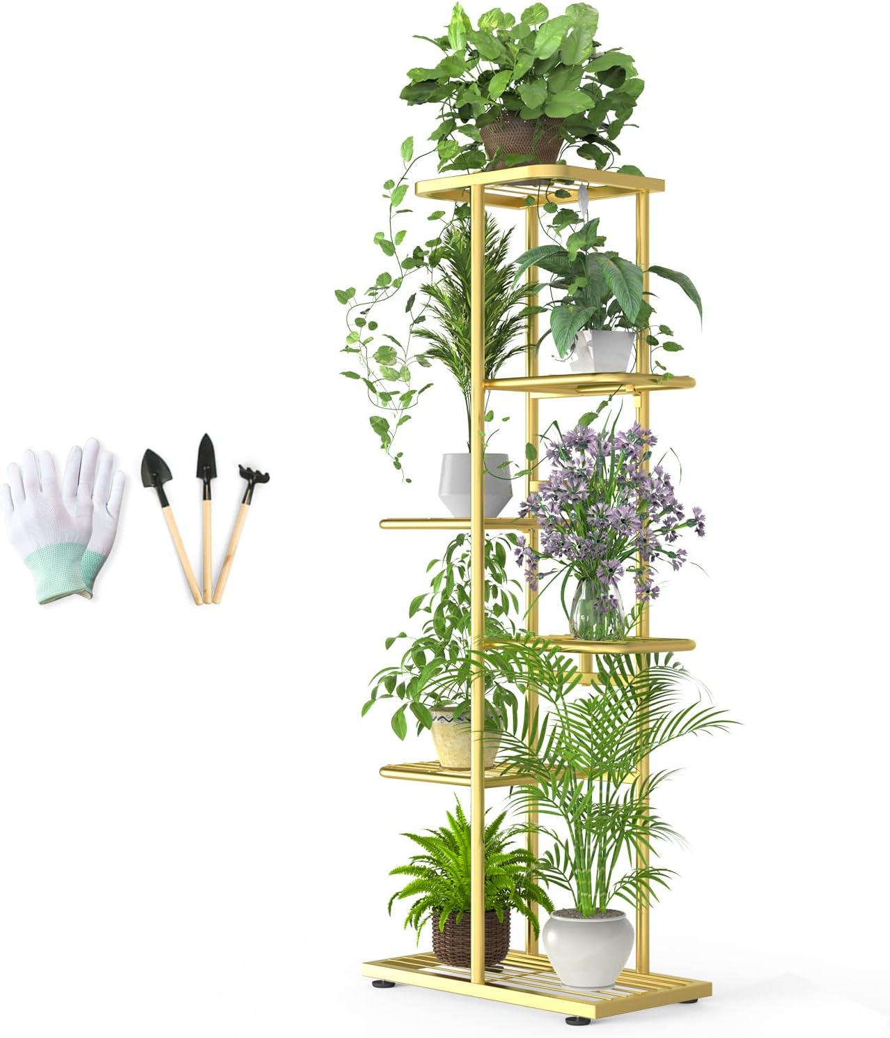 6 Tier Gold Plant Stand for Indoor Outdoor with Gardening Tools
