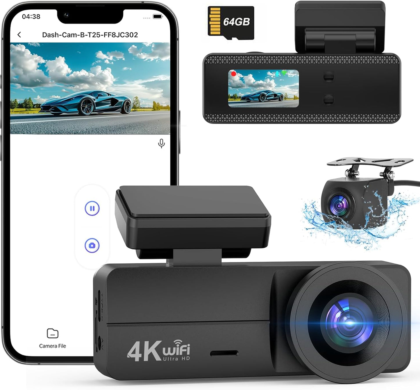 Penemay 4K+1080P Dash Cam Set - WiFi, 64GB Card, App Control