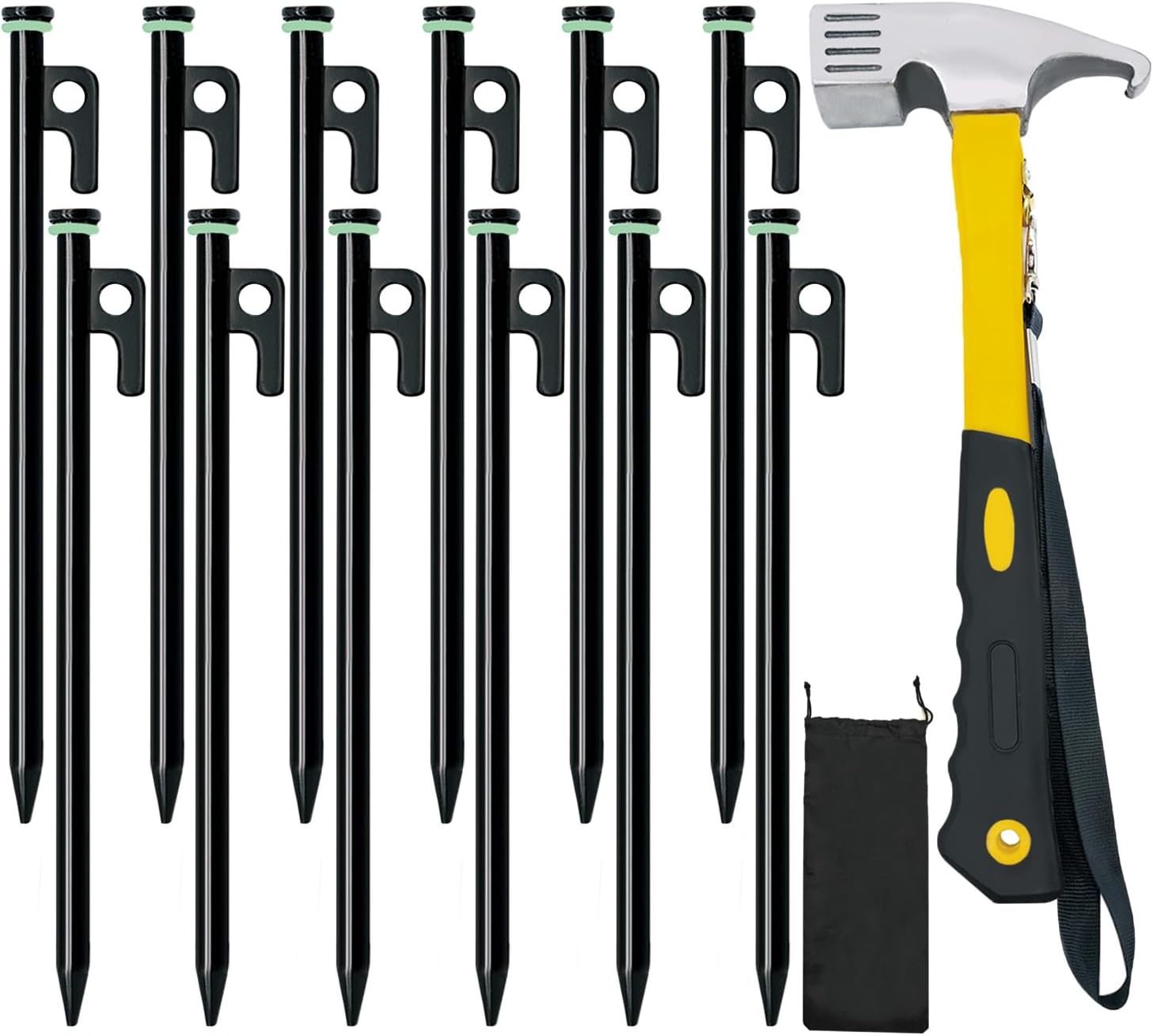 Ultimate Camp Stake Set: 12in Stakes, Hammer, Pouch