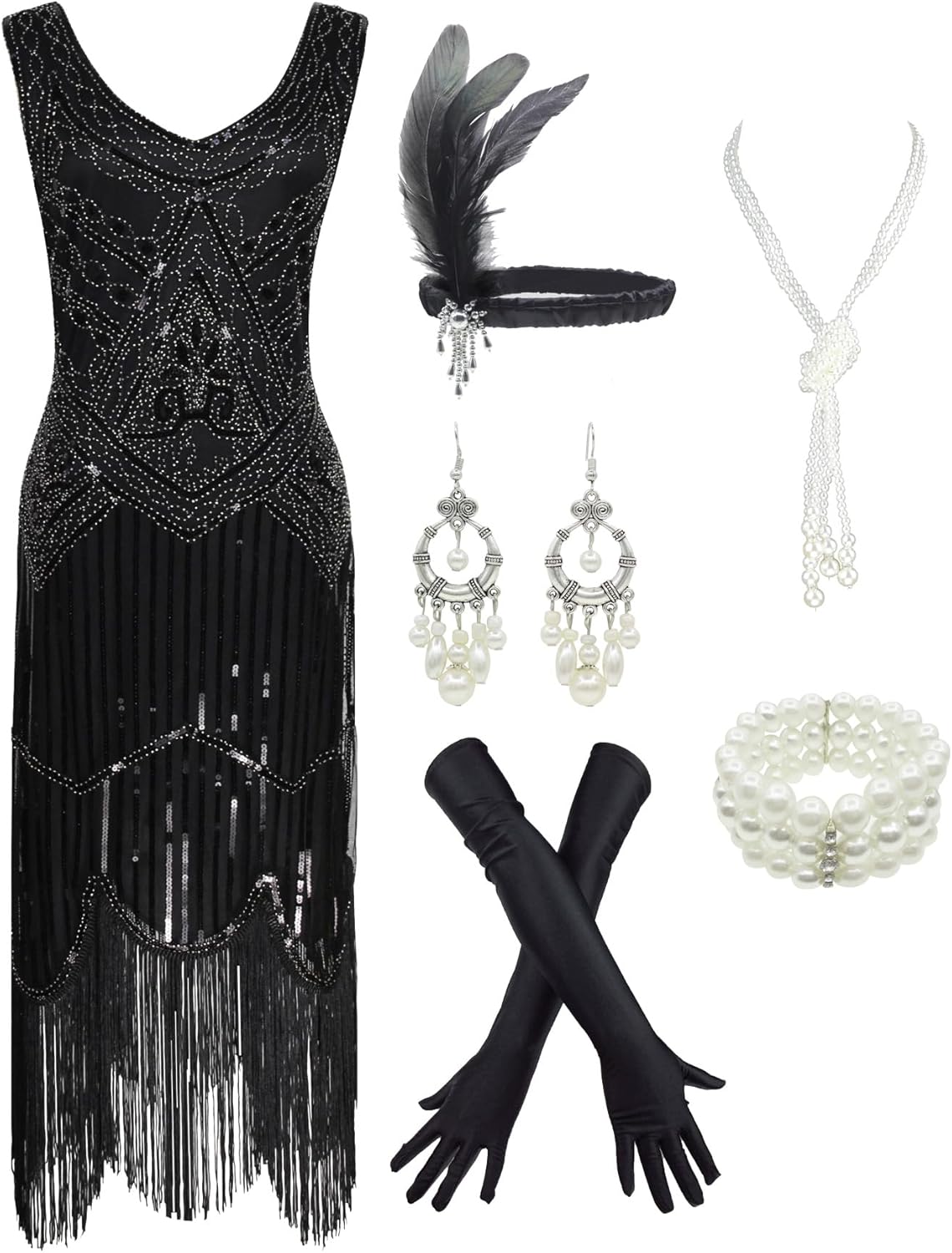 1920s Gatsby Sequin Fringed Flapper Dress with Accessories Set