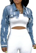 Cropped Denim Jacket for Women - Distressed Wash Crop Jean Jacket