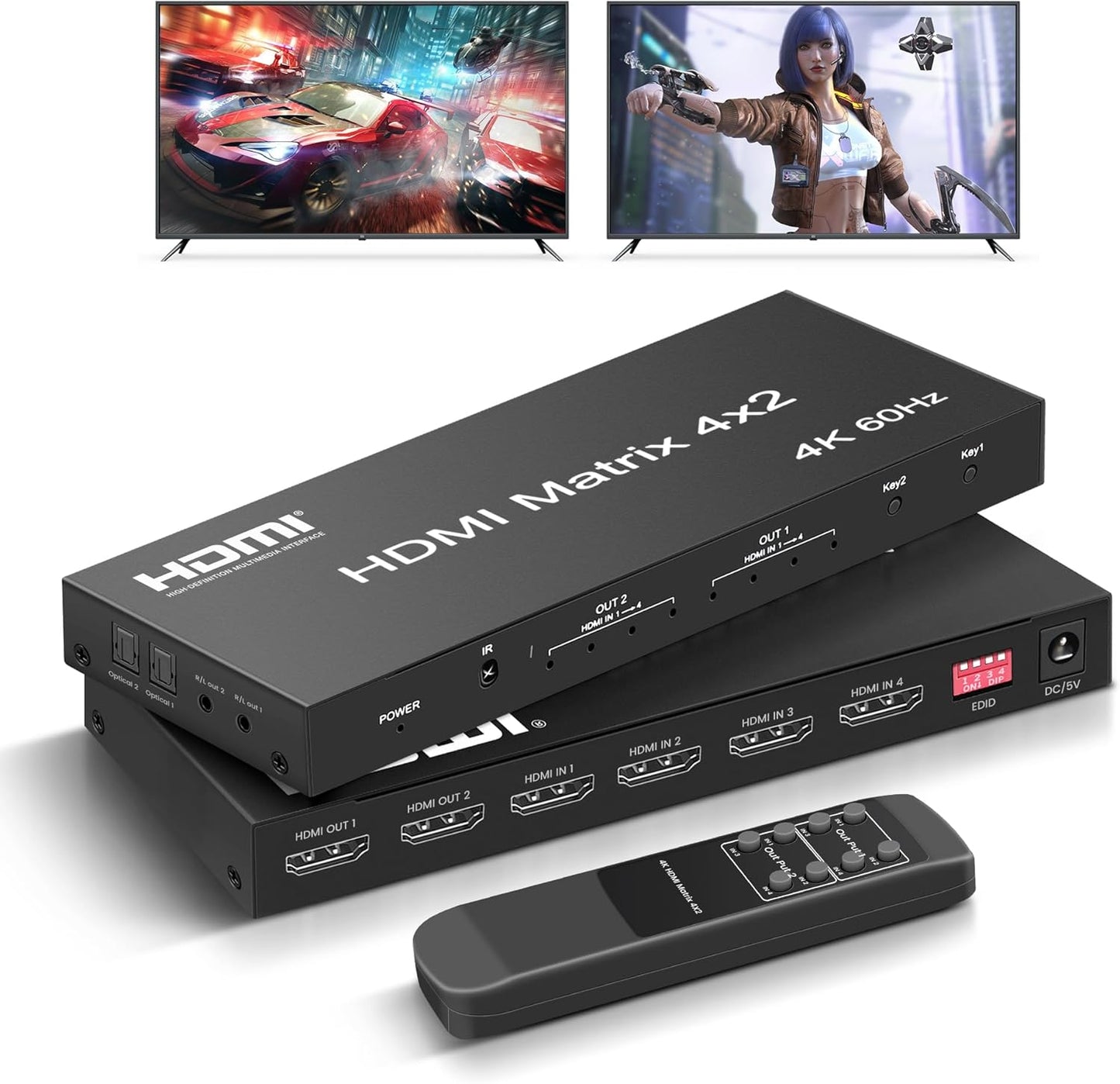 4K 60Hz 4X2 HDMI Matrix Switch Splitter with Audio Output
