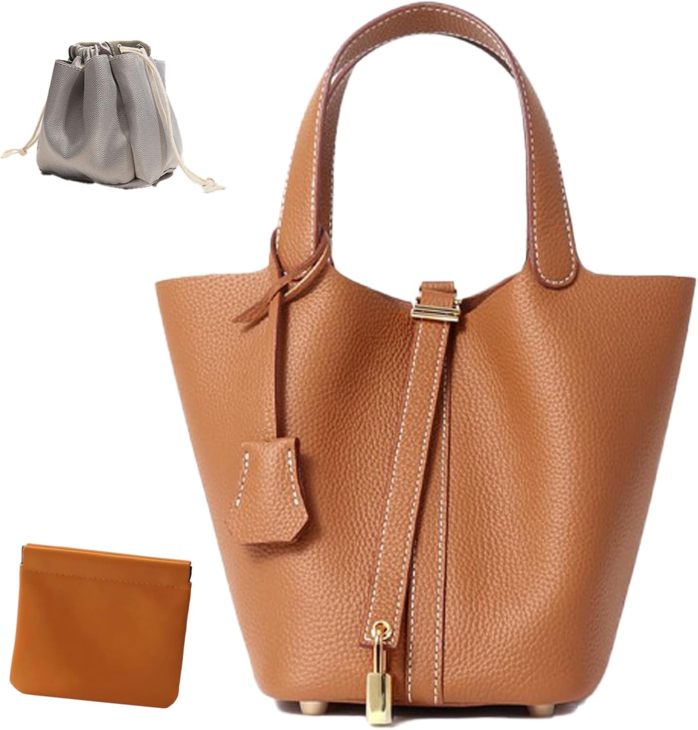 Genuine Leather Lock Design Bucket Bag for Fashionable Style