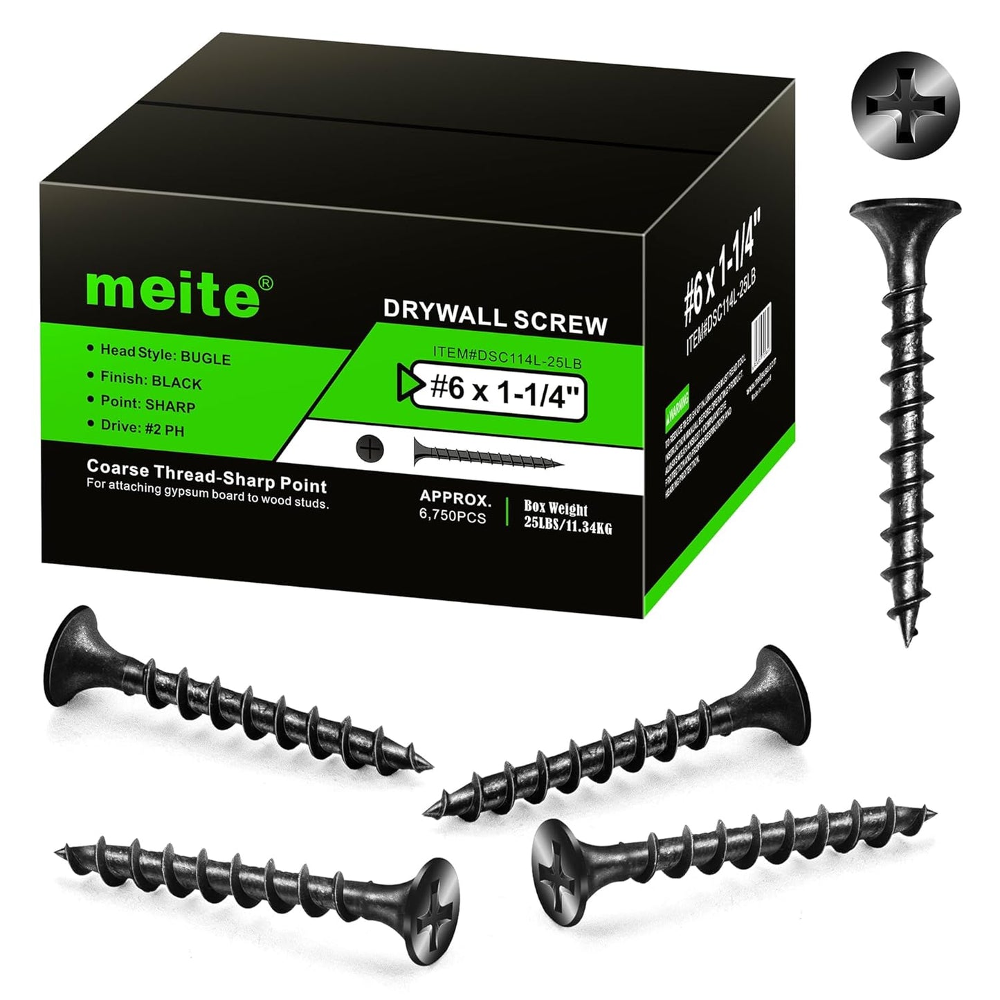 meite Drywall Screws #6 x 1-1/4in Coarse Thread Black Screws