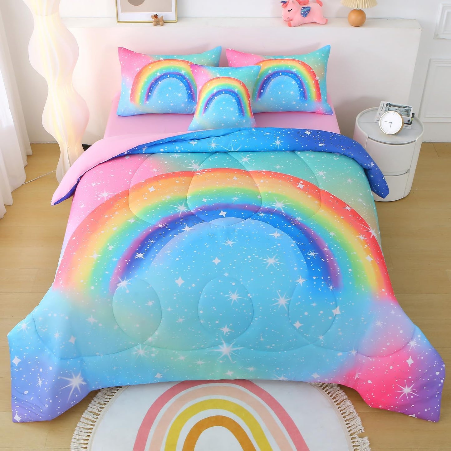 JQinHome Girls Comforter Set Full, 6 Piece Rainbow Bedding
