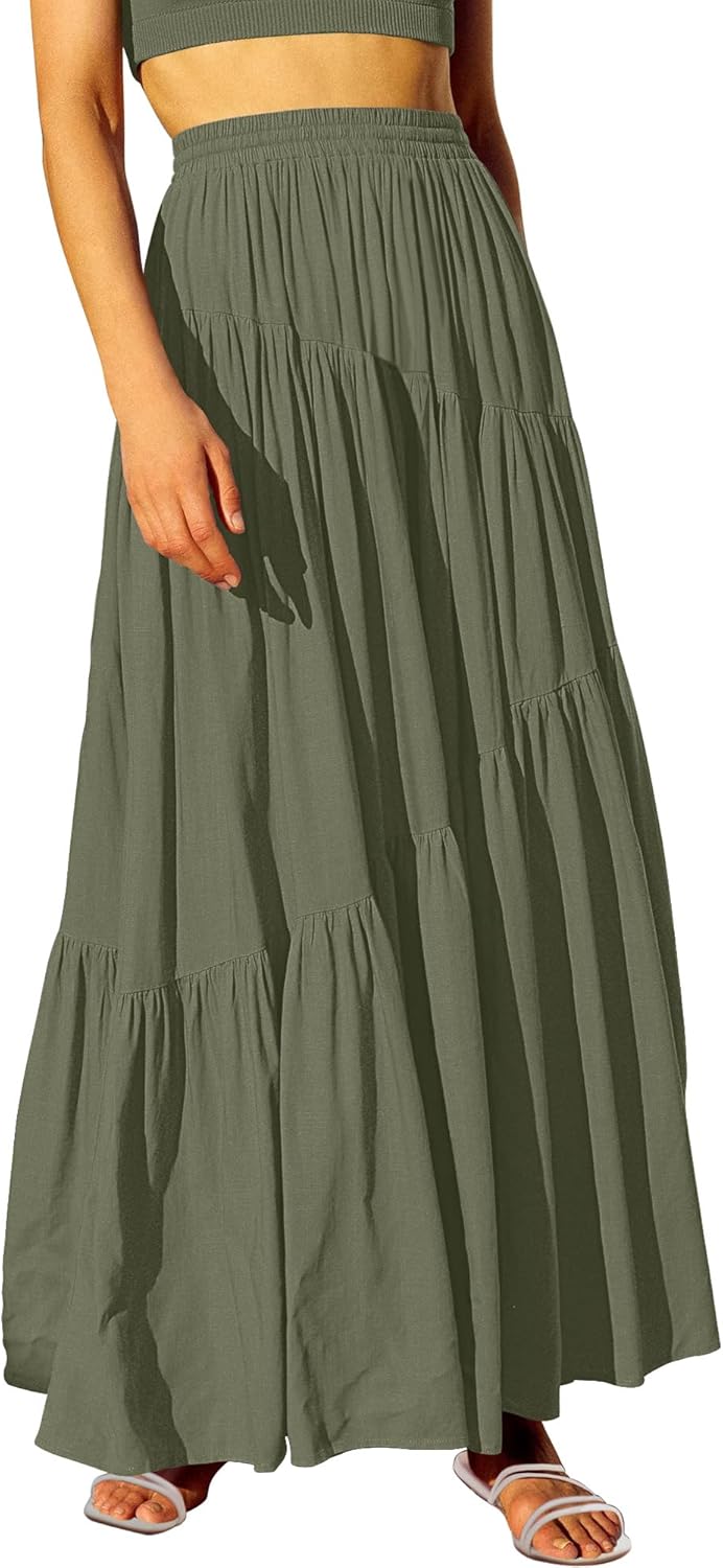 ANRABESS Womens Boho Elastic High Waist Pleated Maxi Skirt