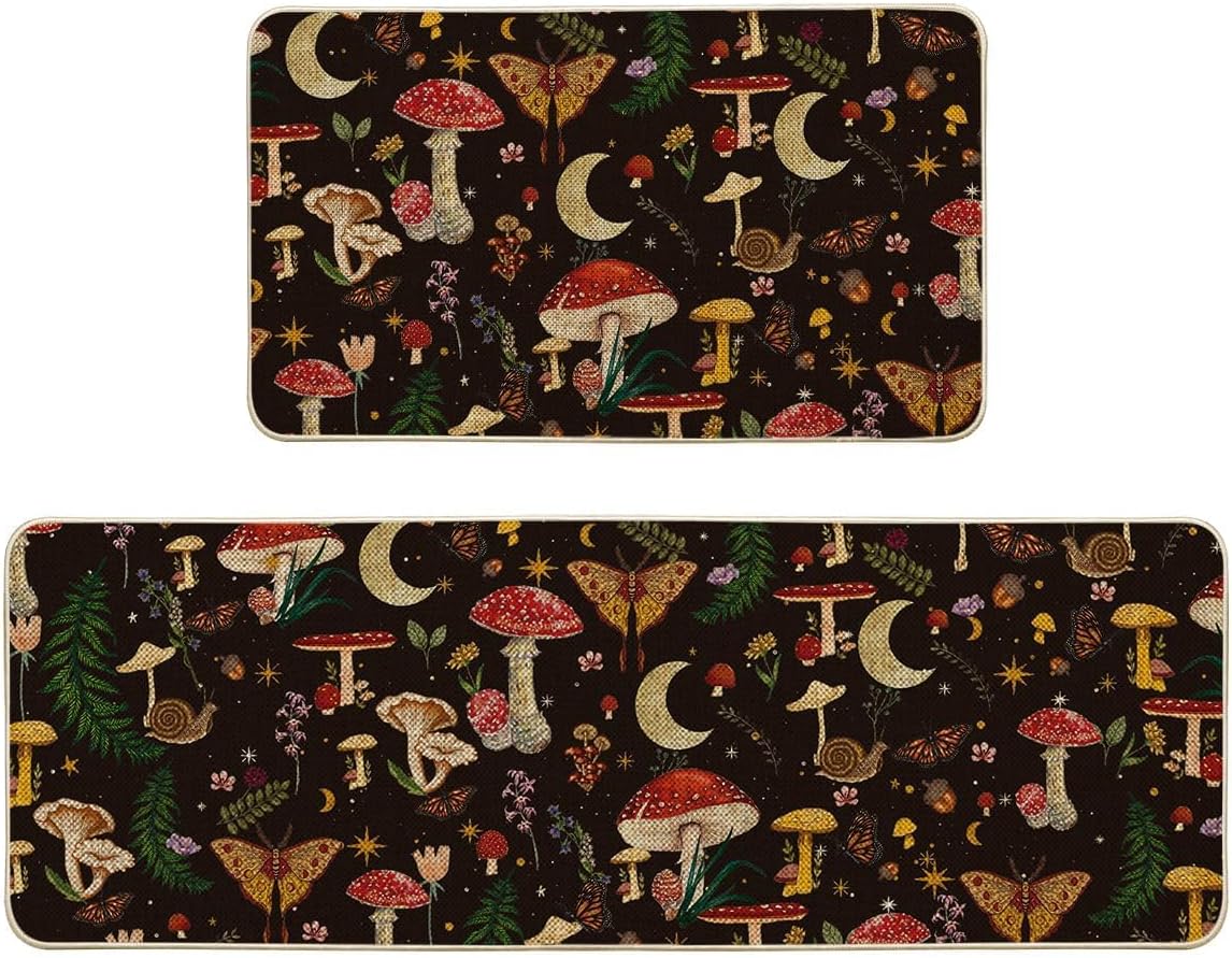 Stylish Black Mushrooms Butterfly Kitchen Mats Set for Home Decor