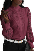 Rooscier Lace Crochet Mock Neck Long Sleeve Blouse - Elegant Feminine