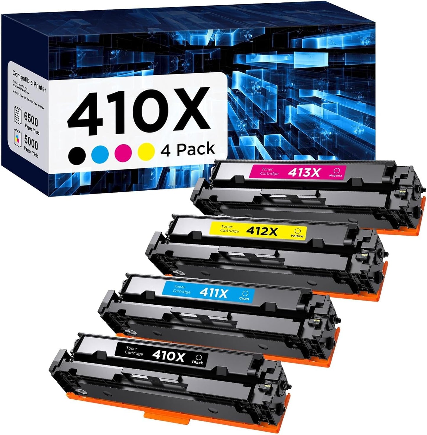 High Yield 410X Toner Cartridge 4 Pack for HP Printers