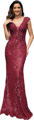 Womens Burgundy Sequined Mermaid Evening Gown - Showstopping Fit