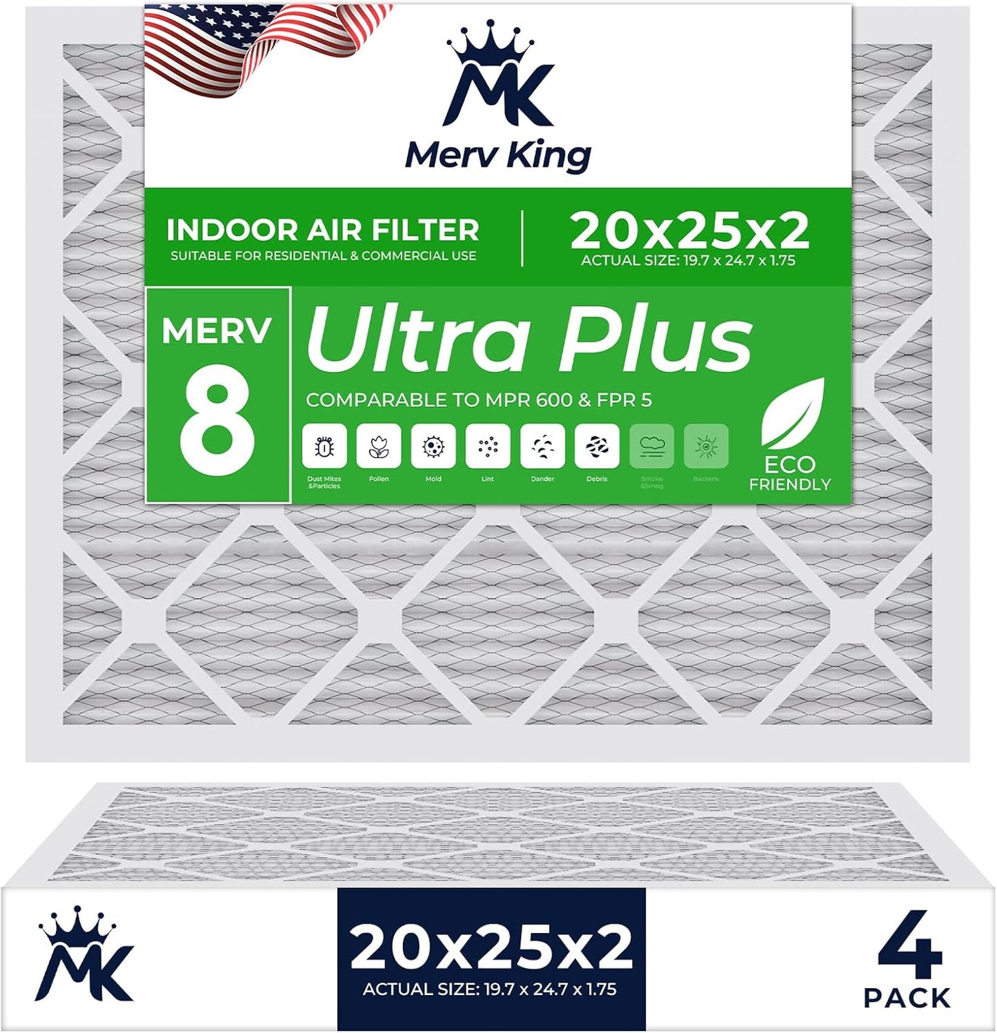 MervKing 20x25x2 Air Filter for HVAC and Furnace Systems