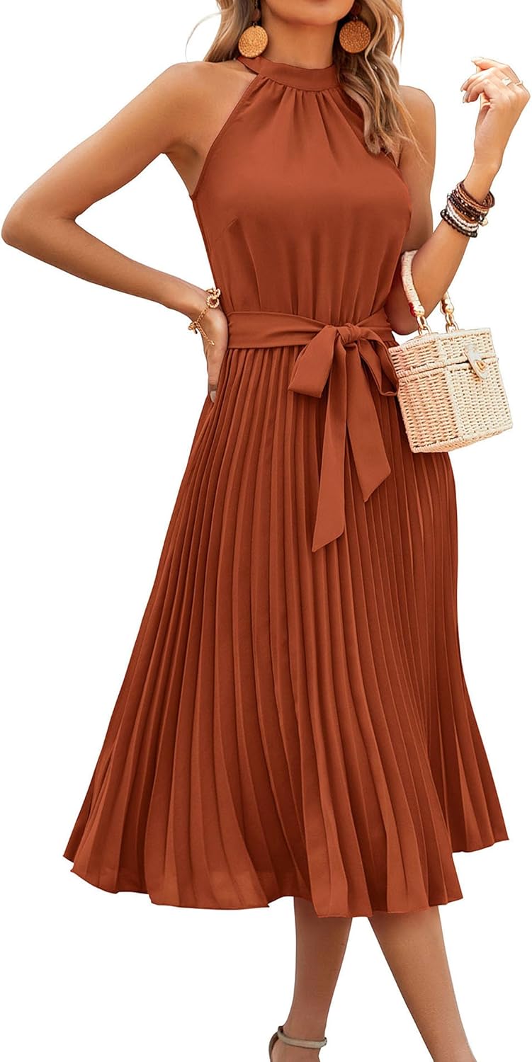 KIRUNDO Women's Sleeveless Halter Neck Pleated Midi Dress