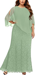 Women's Plus Size Cape Dress with Chiffon Overlay - Lace Mermaid Gown