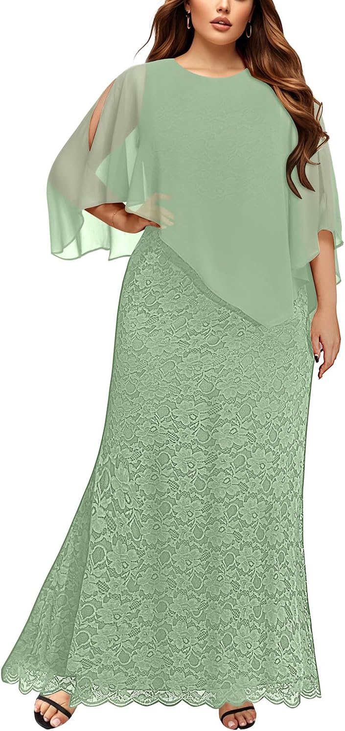 Women's Plus Size Cape Dress with Chiffon Overlay for Elegance