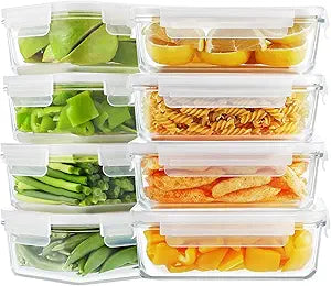 Bayco 8 Pack 30oz Glass Food Storage Containers for Meal Prep