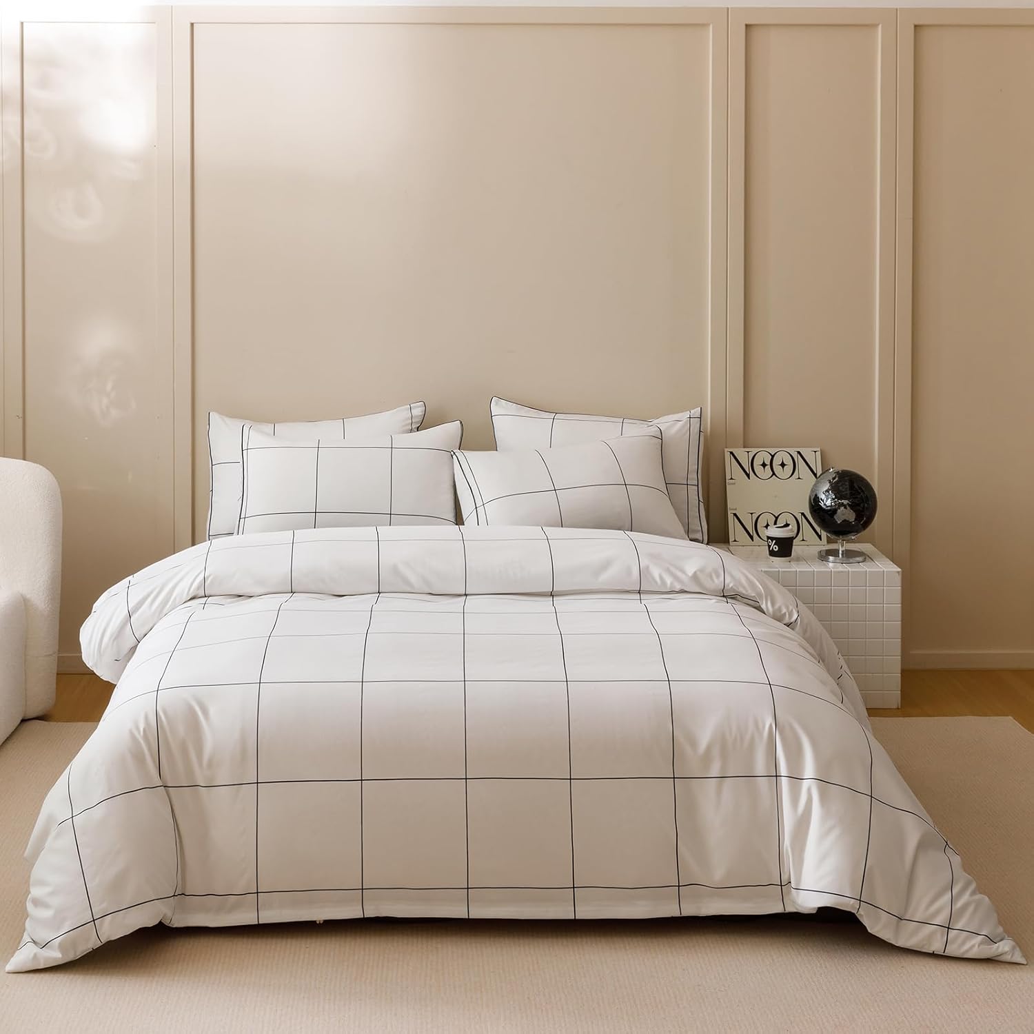 Wellboo White Plaid Comforter Set Twin Soft Modern Bedding