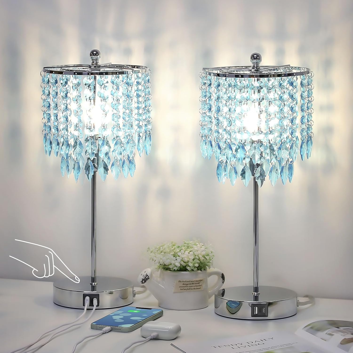 Crystal Table Lamp with Touch Control and Dual USB Ports for Home