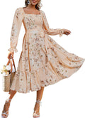 Boho Flowy Square Neck Floral Midi Dress - Smocked, Lightweight S=4-8