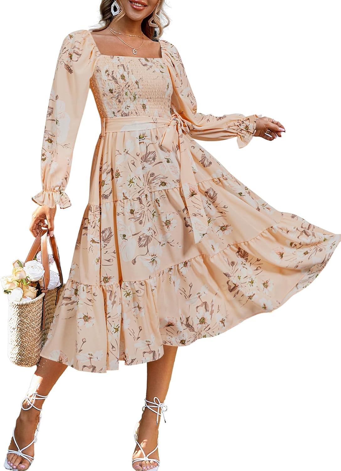 Amegoya Women's Boho Flowy Long Sleeve Floral Midi Dress