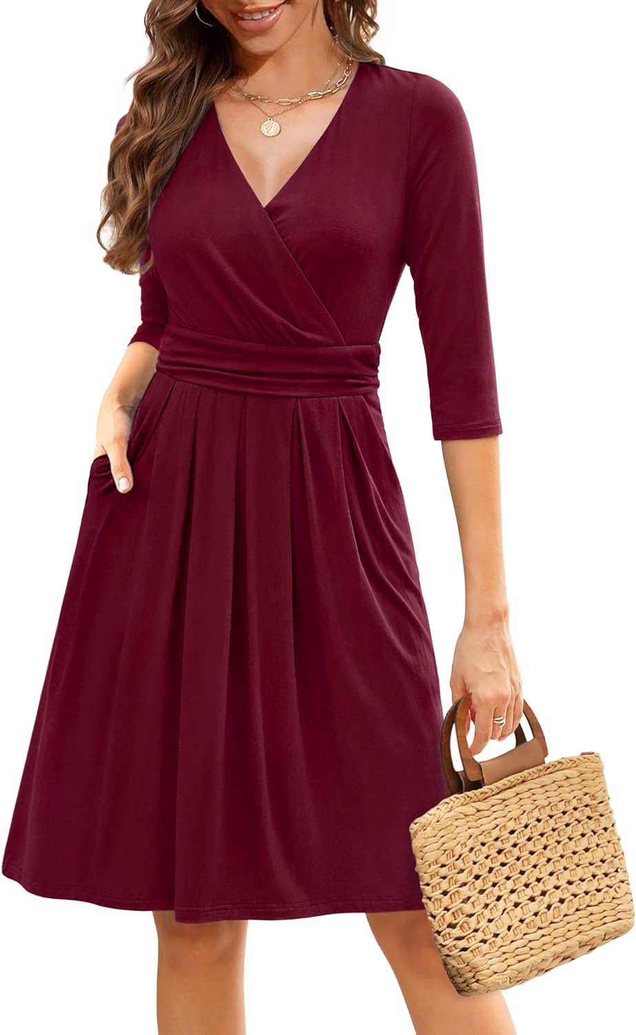 Zattcas Womens Wrap V Neck 3/4 Sleeve Cocktail Dress with Pockets