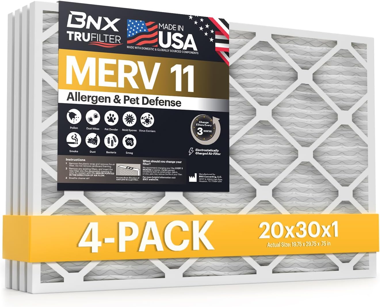 BNX TruFilter 20x30x1 Air Filter MERV 11 for Allergies & Dust