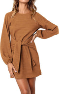 Womens Fall Elegant Lantern Sleeve Tie Waist Knit Short Dress