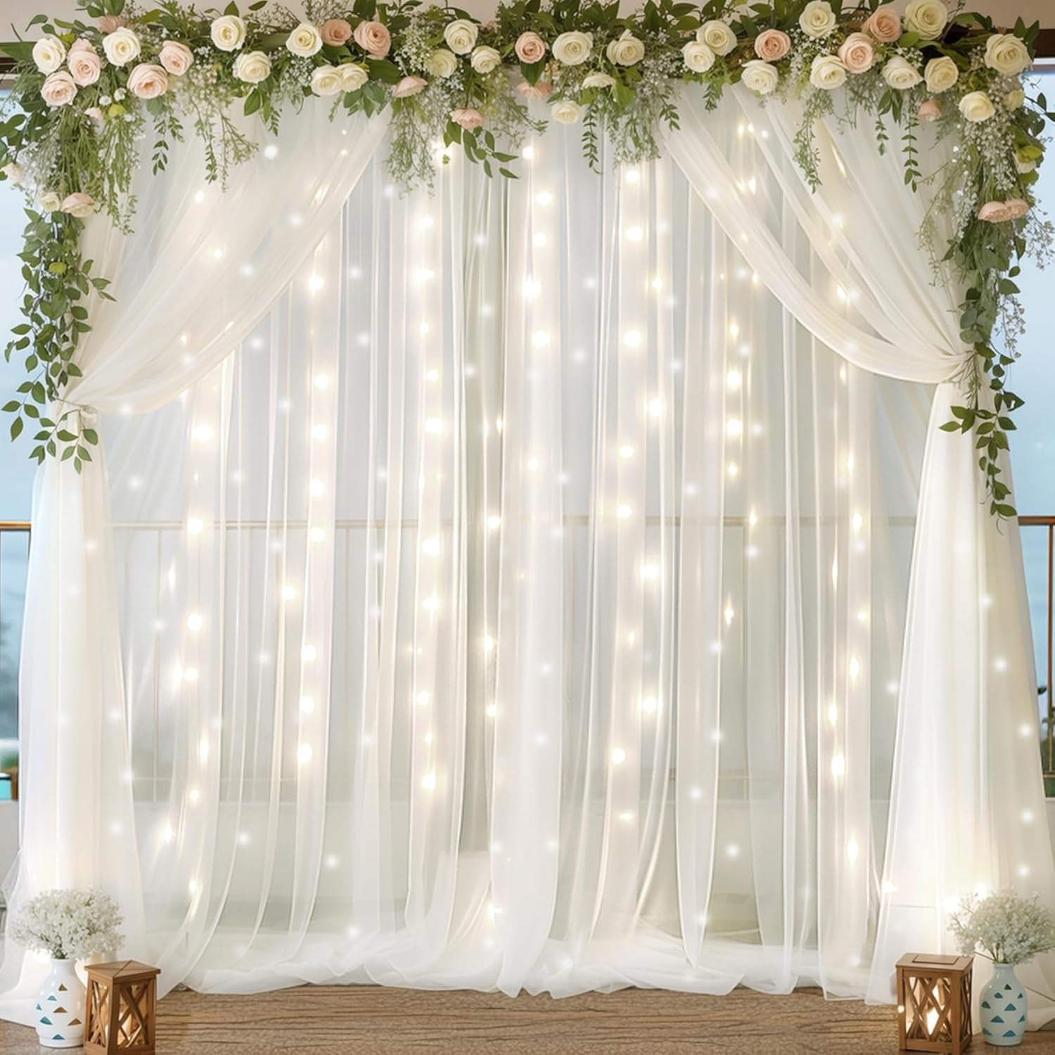 PARTISKY White Chiffon Curtain Set - Elegant Party Lights Included