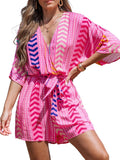 Women's Summer Romper V Neck Lace Up Printed Romper - Beach Ready
