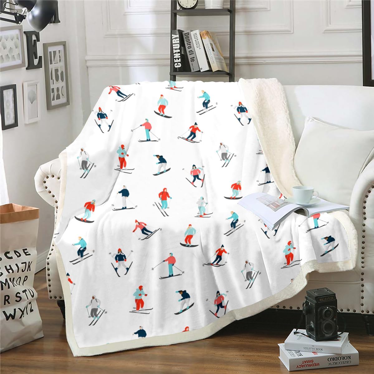 Erosebridal Skiing Fleece Blanket 90x90: Cozy Winter Sports Fun! 
