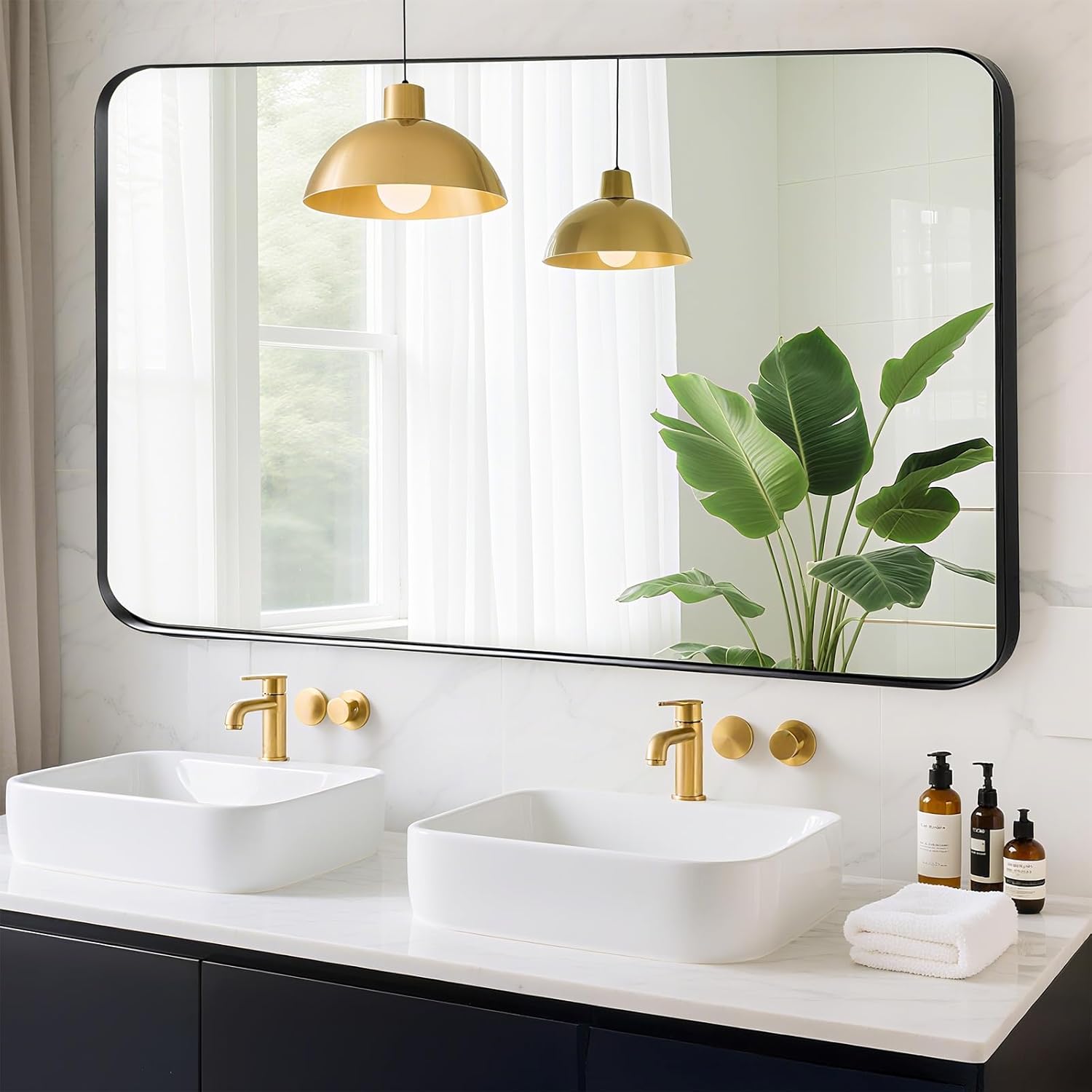 Large Bathroom Mirror for Wall - 50x30 Inch Black Metal Frame
