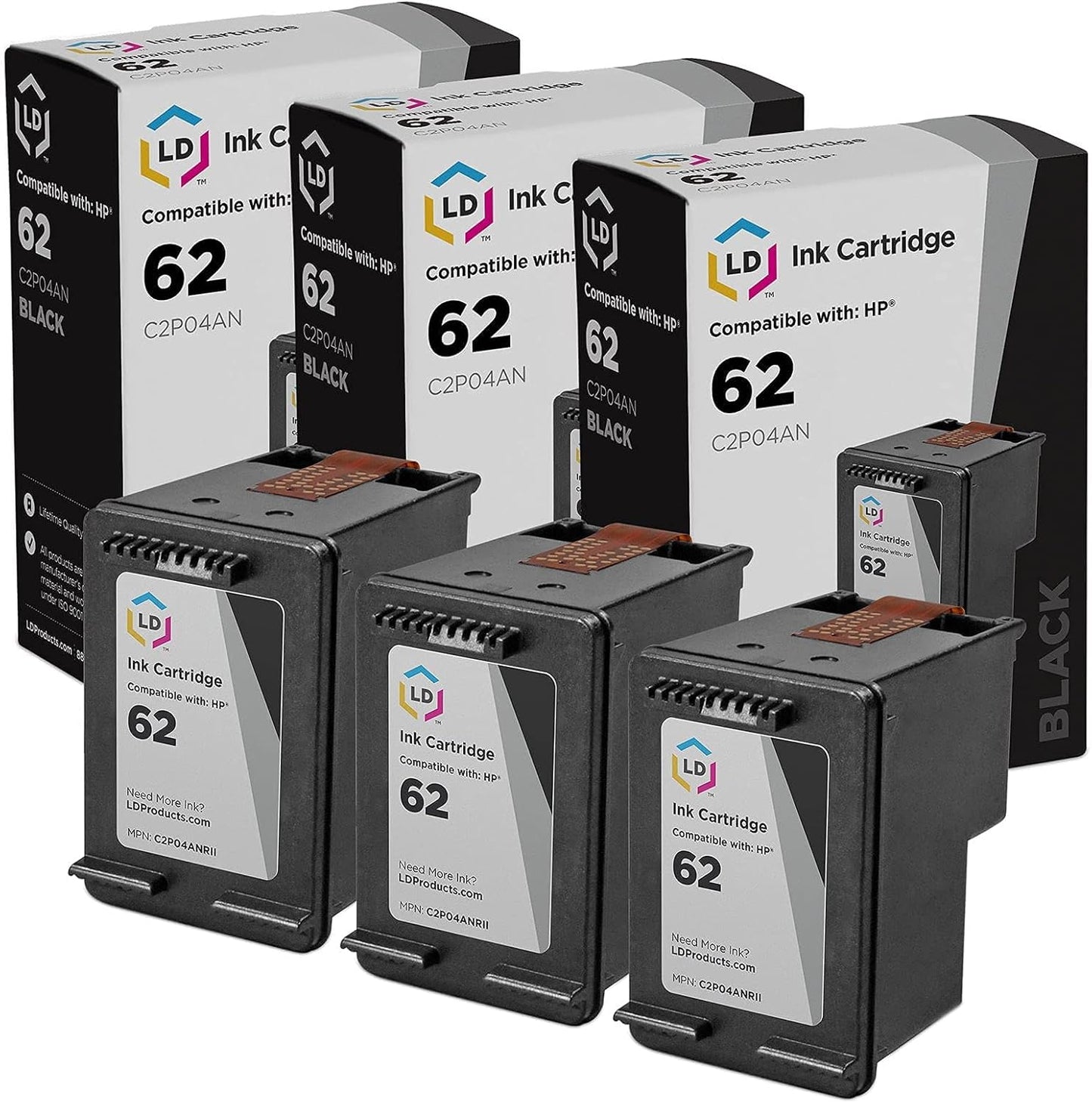 High-Quality LD HP 62 C2P04AN Black Ink 3-Pack