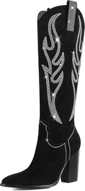 Cowgirl Boots Women Suede Knee High Boots - Rhinestone Western Style