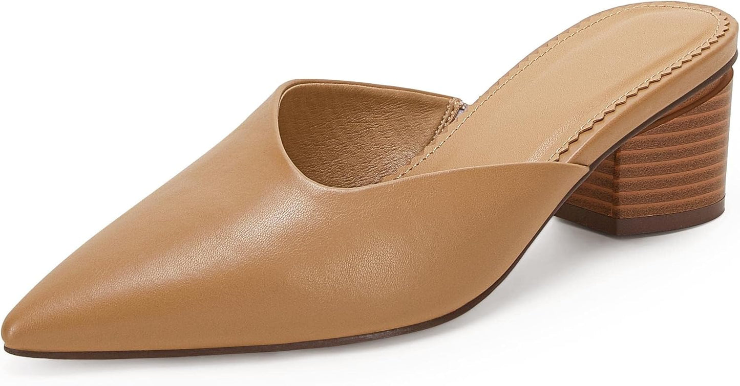 Coutgo Womens Pointed Toe V Cut Mules with Chunky Block Heels