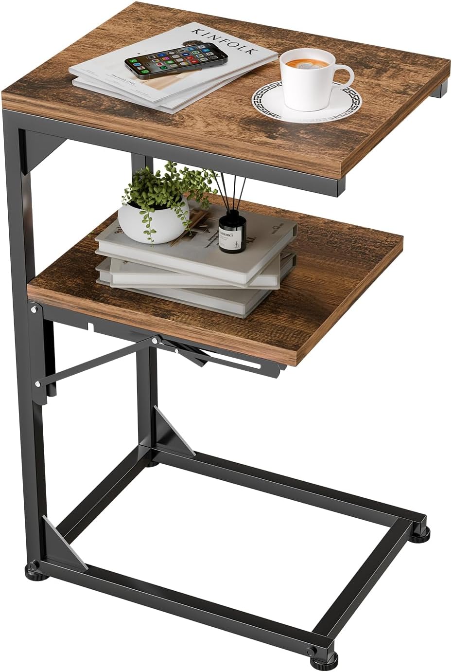 C Shaped End Table for Couch with 2 Shelf Storage Solution
