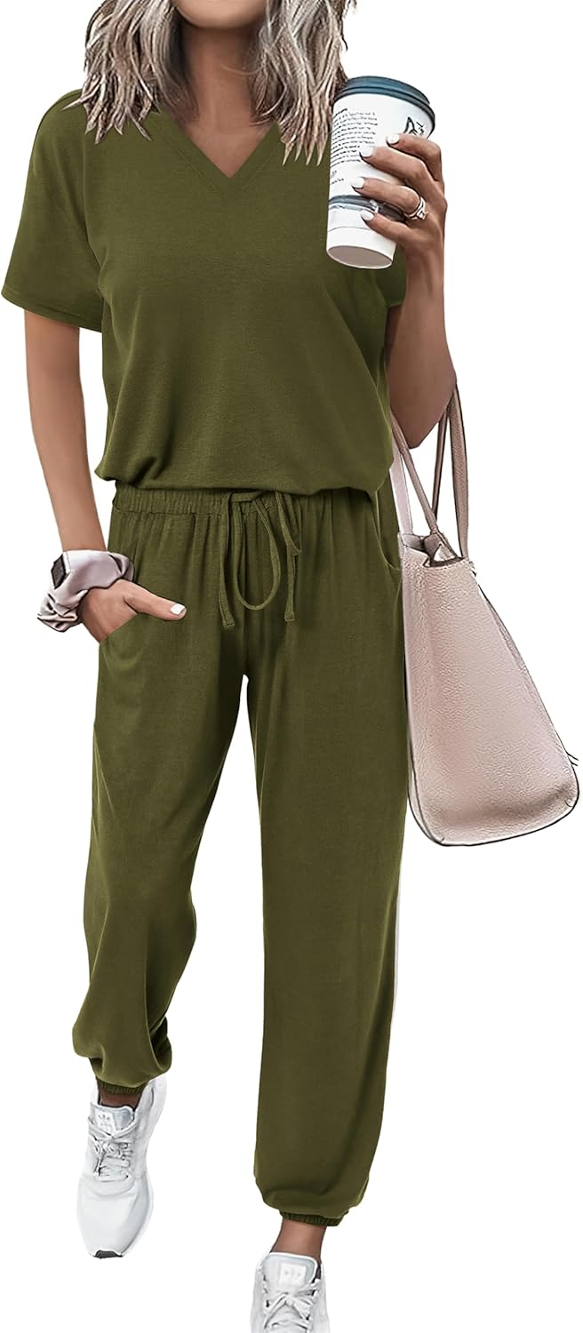 Summer Casual V Neck Short Sleeve Tops Long Pants Tracksuit Set