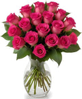 18 Hot Pink Roses Bouquet - Hand Blown Glass Vase ARABELLA
