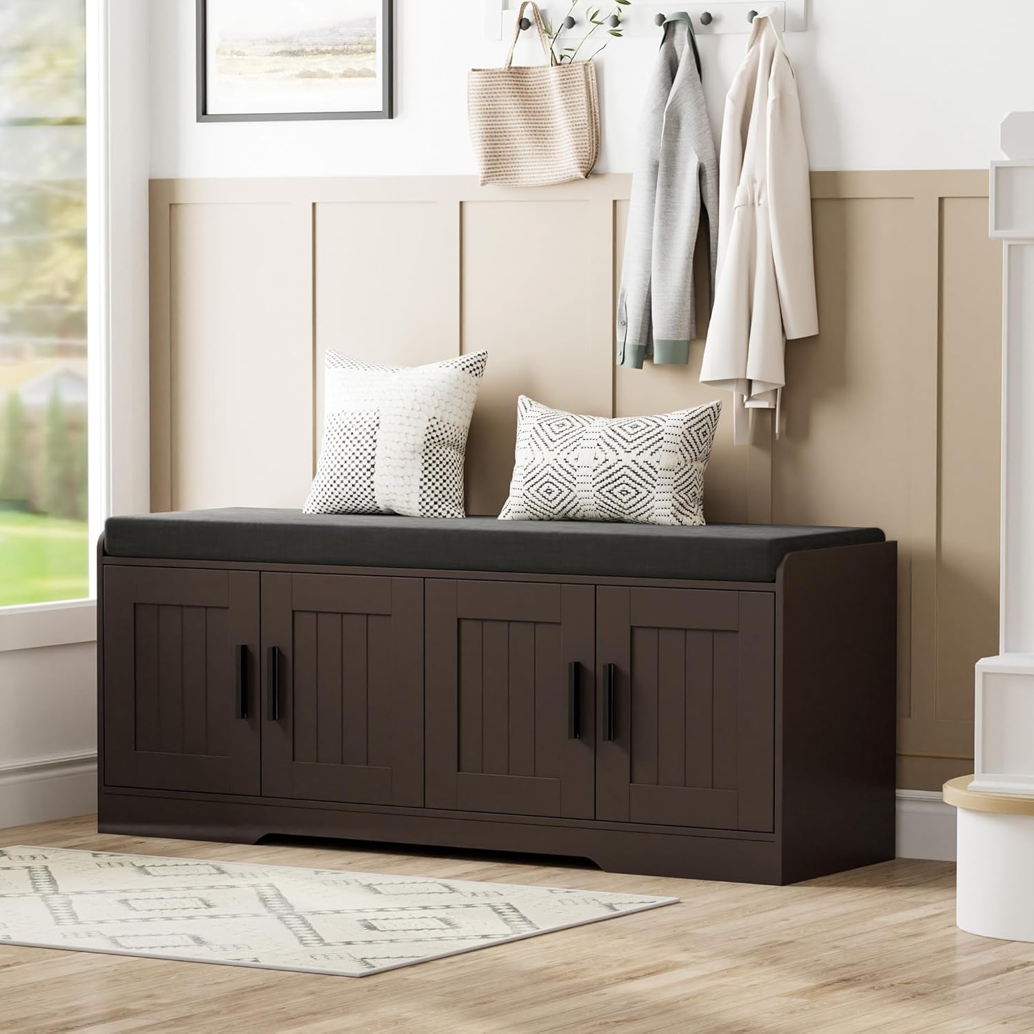 2-Tier Storage Bench with Thickened Padded Seat Cushion