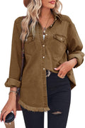 Women Denim Chambray Collared Shirt with Fringed Hem - Lightweight