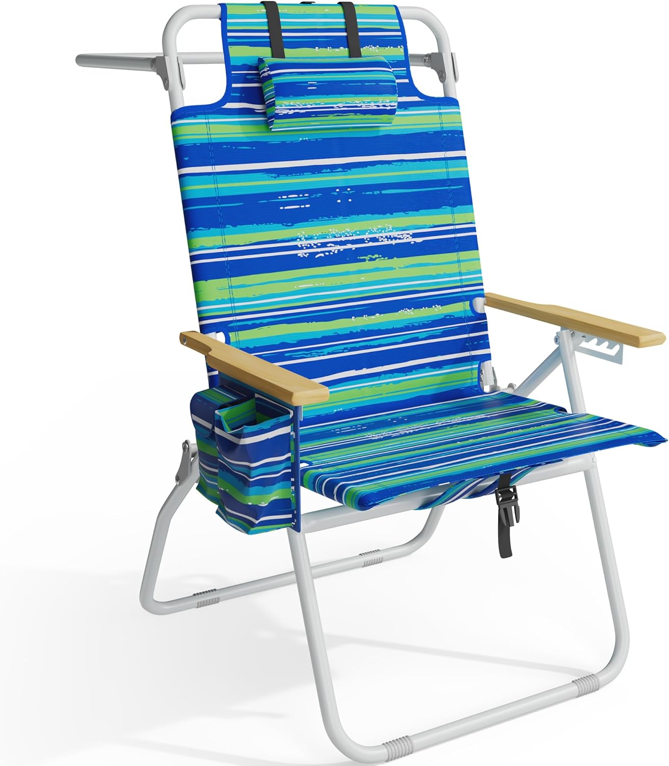 Tall Beach Chairs for Adults with Wooden Armrests and Cooler Pouch