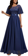 Women's Elegant Sequin Lace Butterfly Sleeve Evening Maxi Dress
