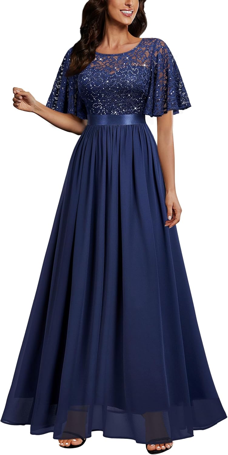 Elegant Sequin Lace Butterfly Sleeve Maxi Dress for Women