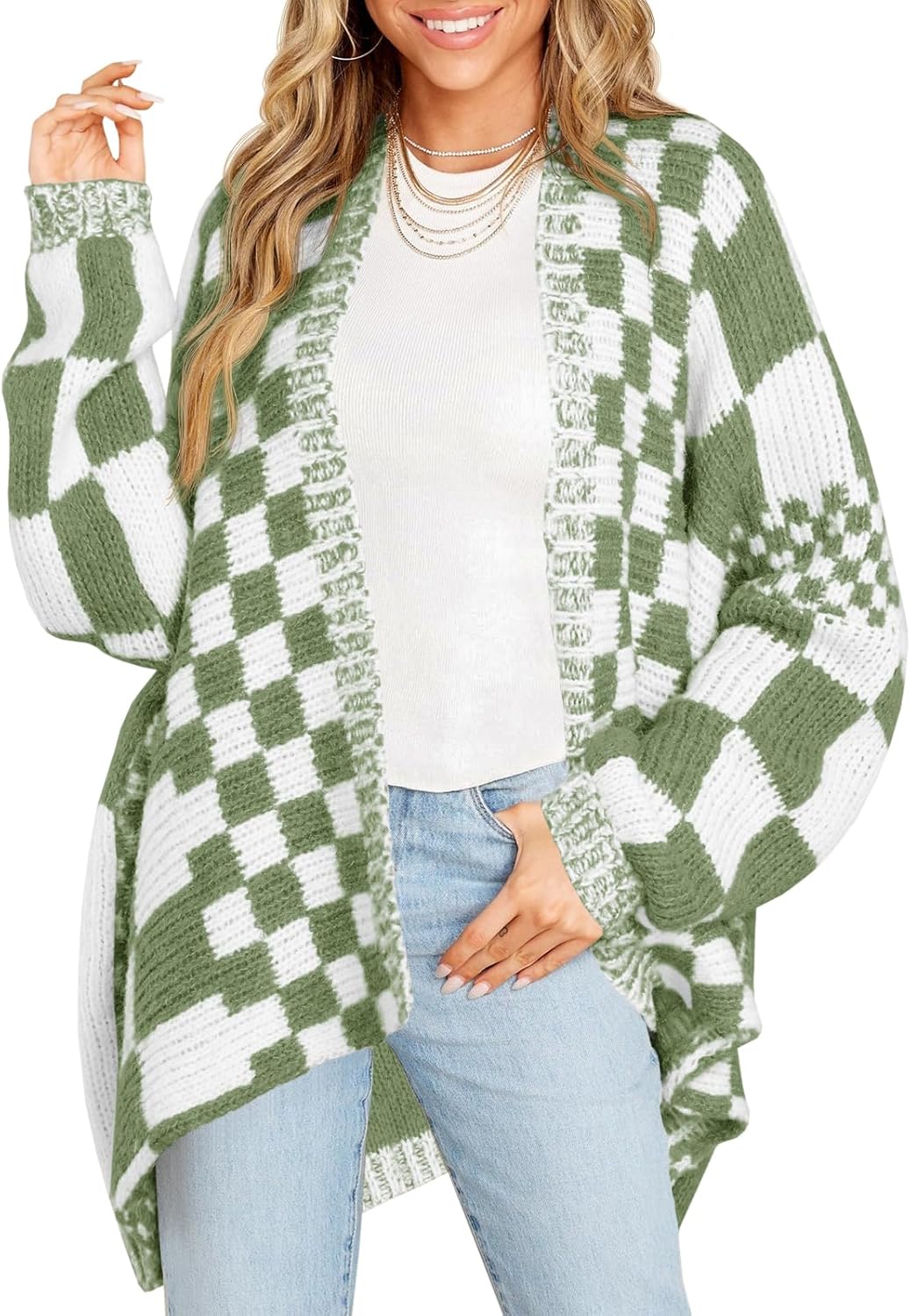 Checkered Sweater Cardigans for Women - Oversized Knit Coats