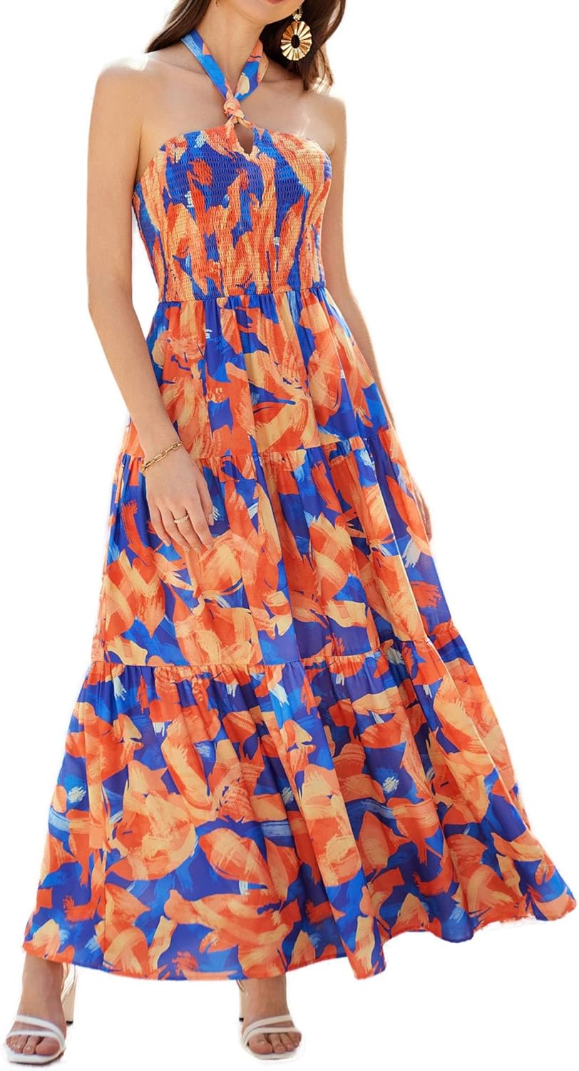 Stylish Halter Neck Backless Floral Maxi Dress for Summer Fun