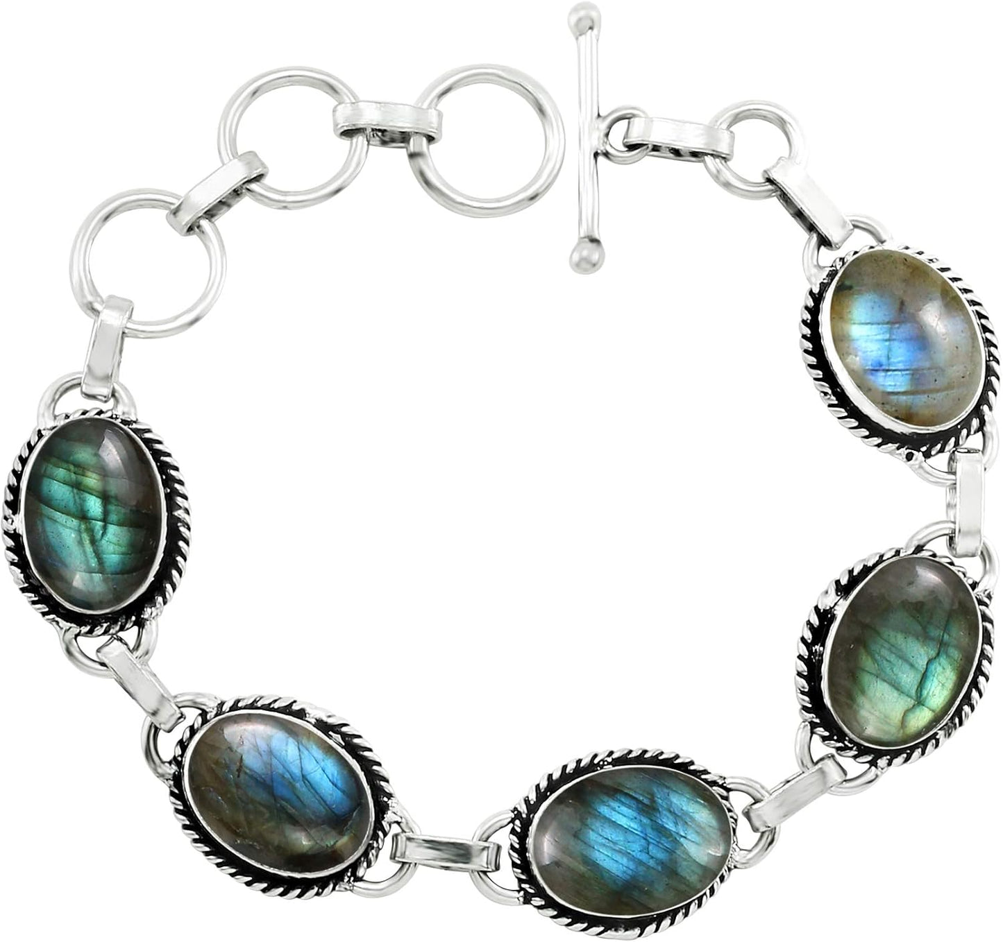 Oval Shape Natural Gemstones 925 Silver Plated Handmade Bracelet