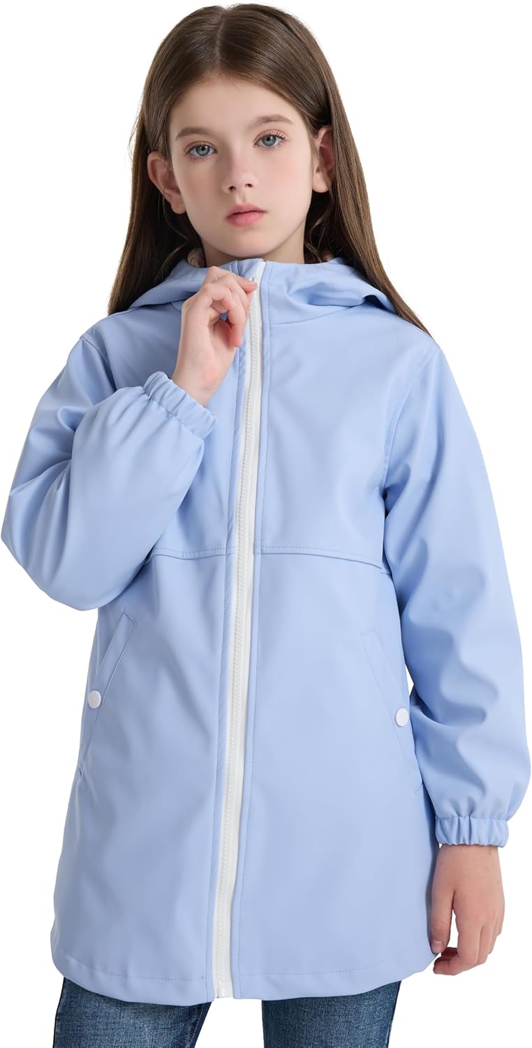 Kids Rain Jacket Hooded Waterproof Windproof for Ages 5-14