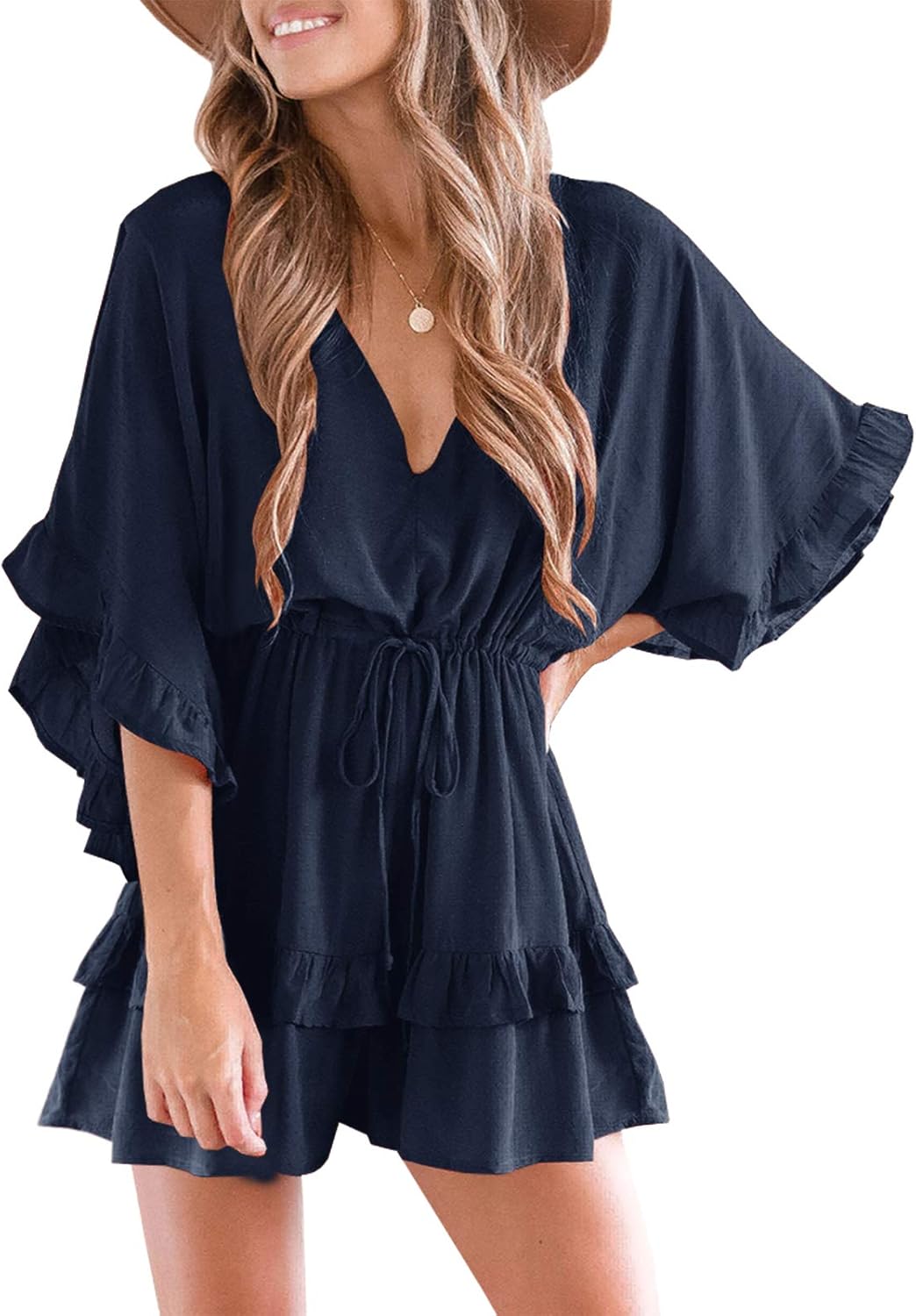 Valphsio Womens V Neck Beach Romper Ruffle Layered Jumpsuit