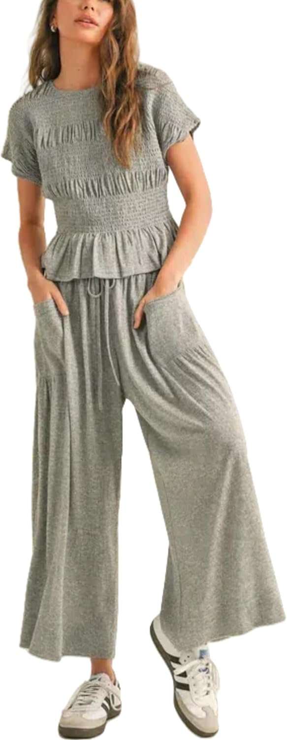 Womens 2 Piece Smocked Top Wide-Leg Pants Set for Casual Style