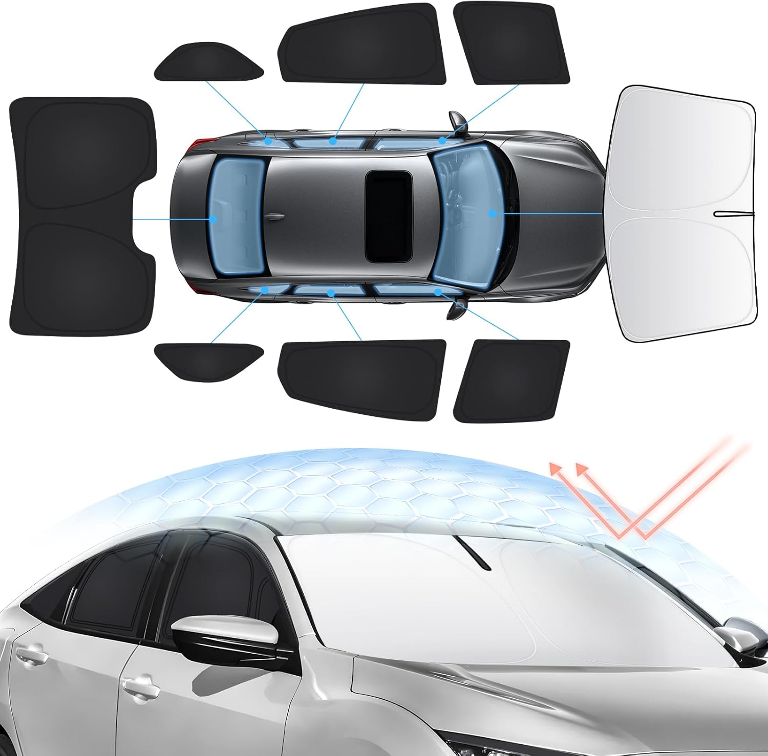 8PCS Windshield Sun Shade Kit for 2016-2021 Honda Civic