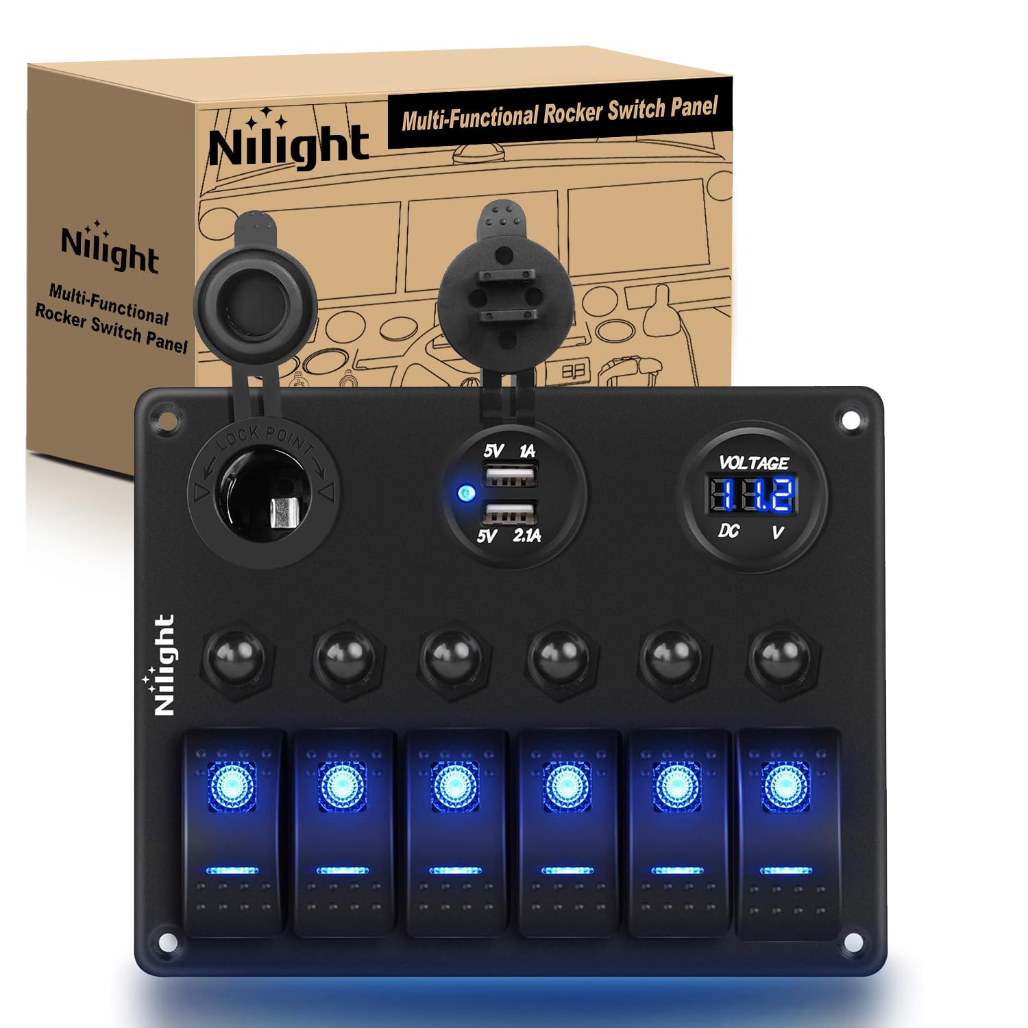 Nilight 6 Gang ON Off Rocker Switch Panel with USB Charger