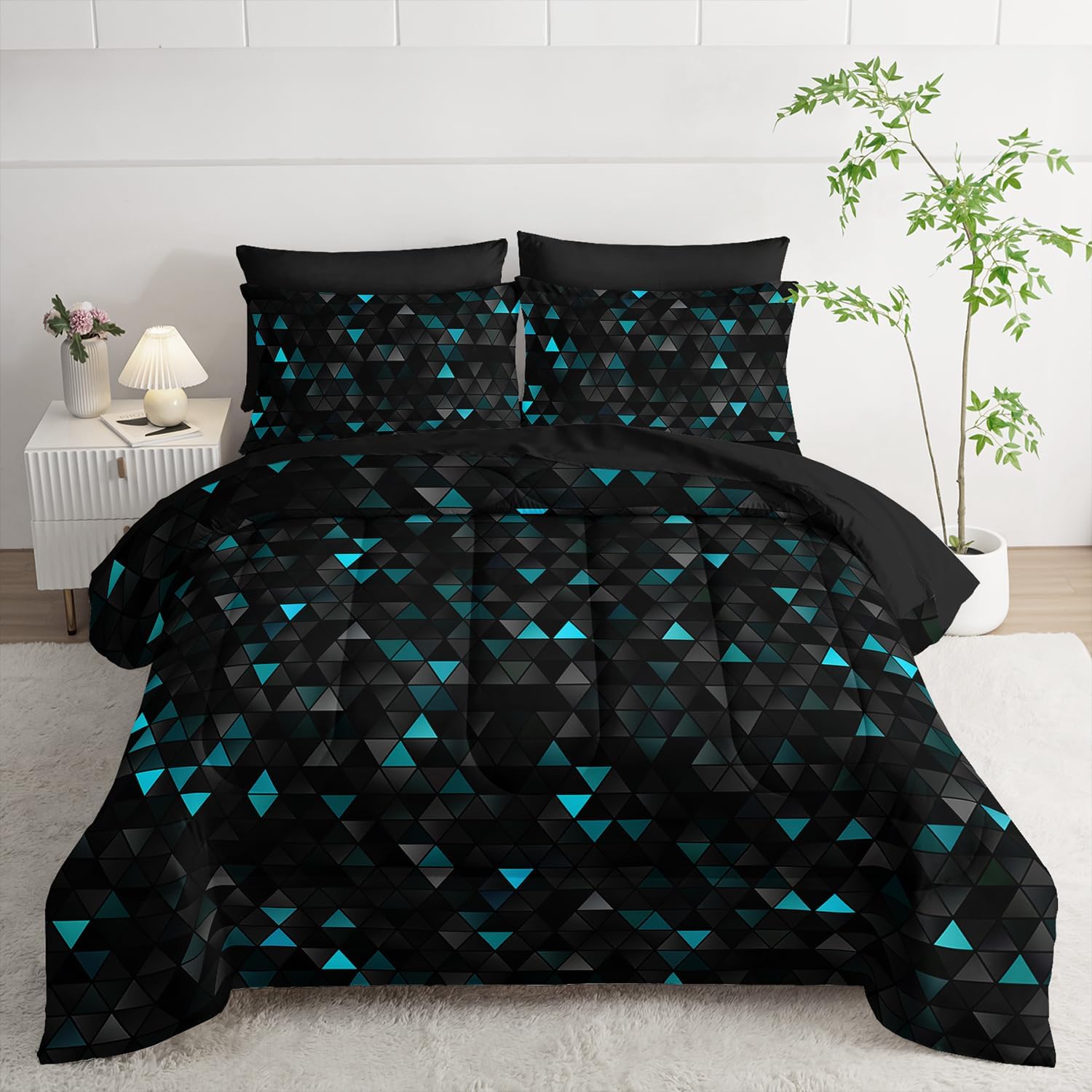 Geometric Turquoise Black Triangle Queen Comforter Set for All Seasons